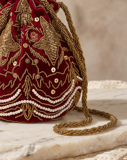 Red embellished potli for your wedding | Wedding | Barat Amal Ayub