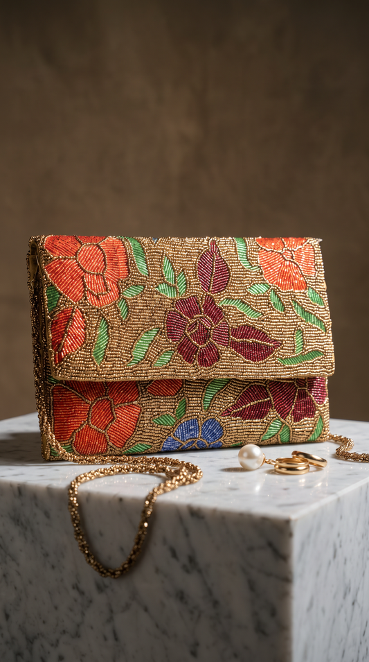 Gold Royal Floral Artisanal Beaded Clutch Purse | Amal Ayub