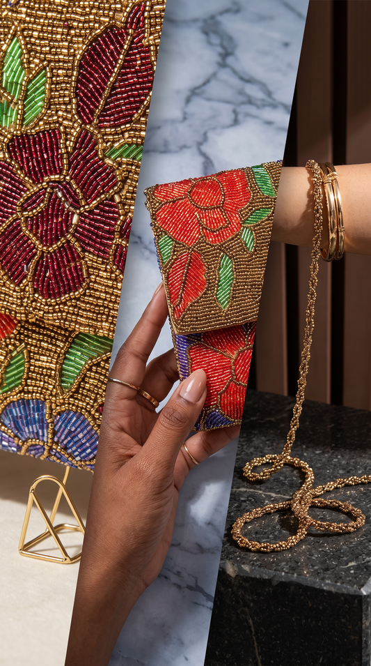 Gold Royal Floral Artisanal Beaded Clutch Purse | Amal Ayub