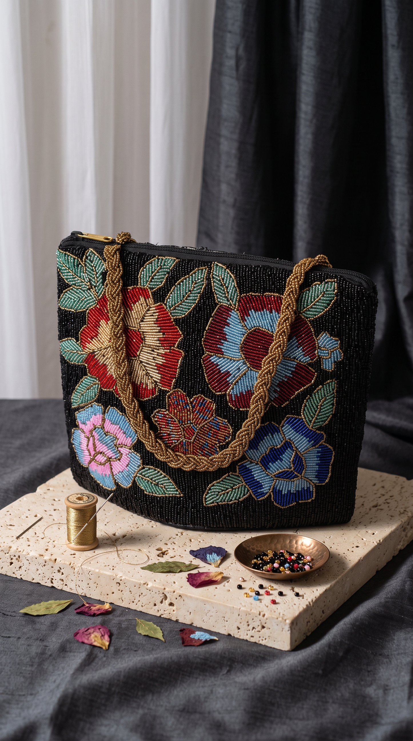 Black Floral Handbeaded bag with Zip - Evening bag | weddings |