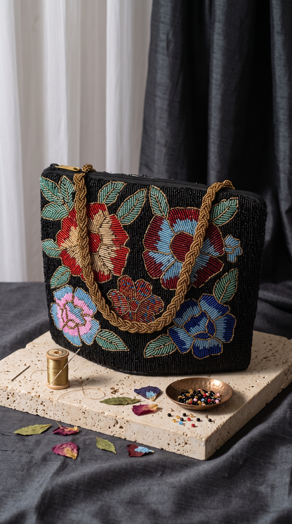 Black Floral Handbeaded bag with Zip - Evening bag | weddings |