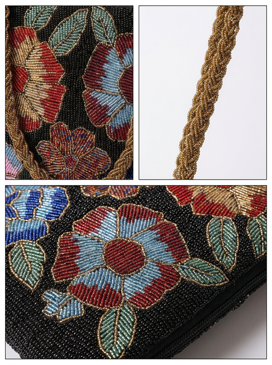 Black Floral Handbeaded bag with Zip - Evening bag | weddings |