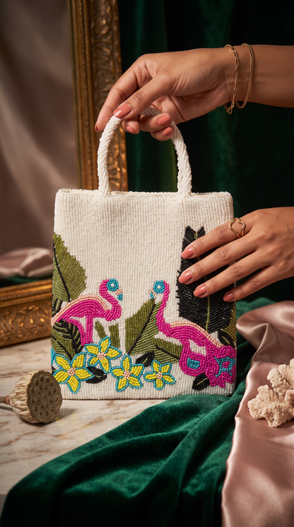 Flamingo Garden Beaded Handbag
