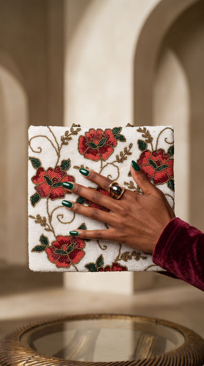Crimson Bloom Beaded Clutch
