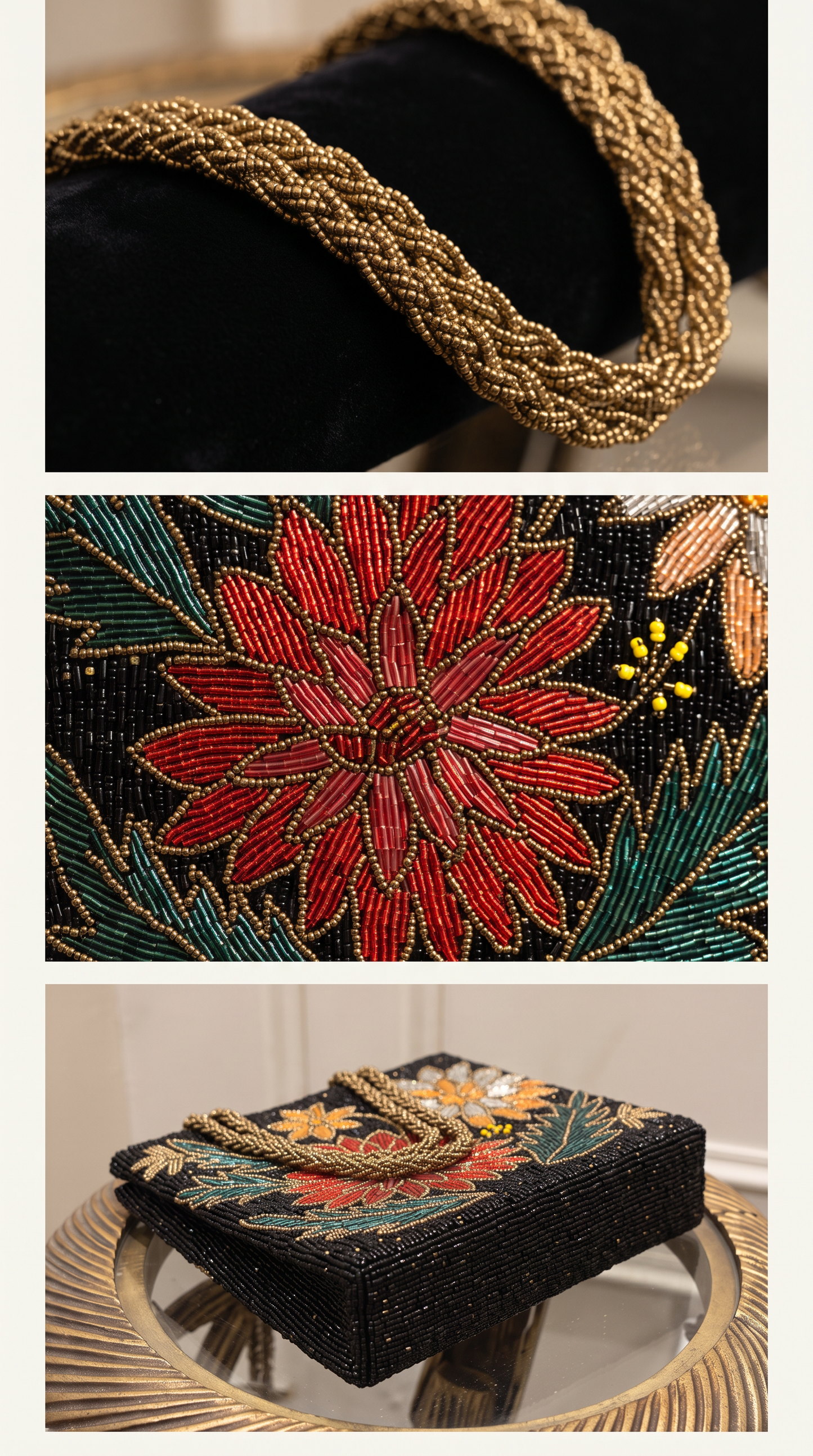 Beaded Black Floral Handbag – Handmade Wedding & Festive Evening Bag