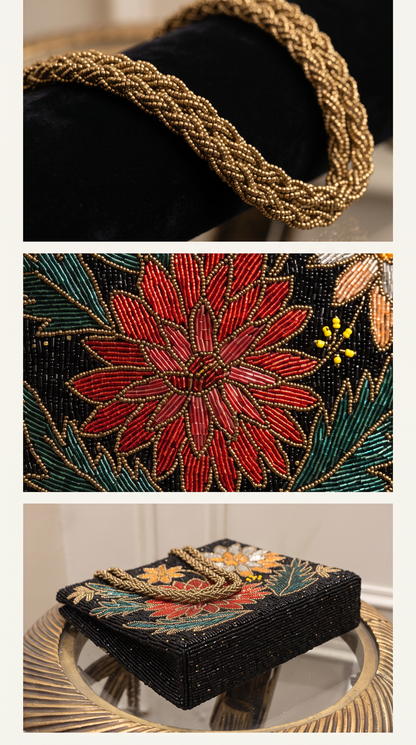 Beaded Black Floral Handbag – Handmade Wedding & Festive Evening Bag