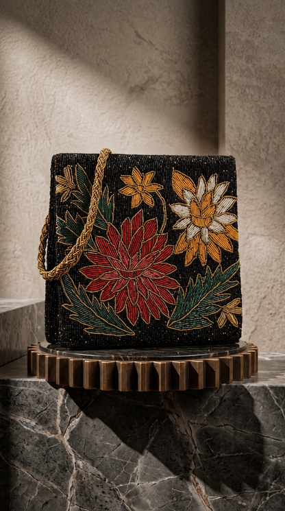 Beaded Black Floral Handbag – Handmade Wedding & Festive Evening Bag