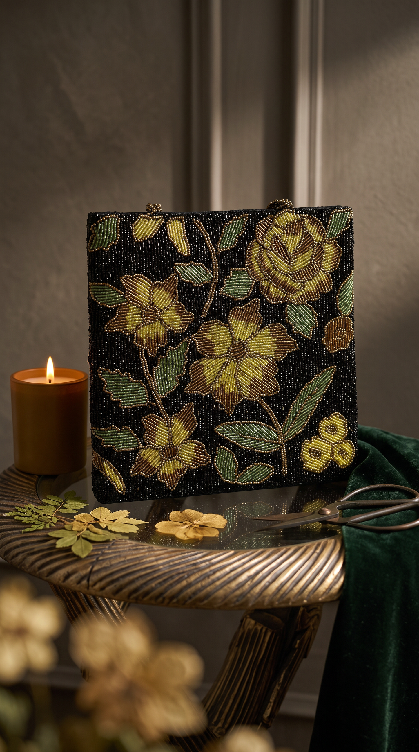 Beaded black Olive Garden Floral Handbag | Handmade Festive & Wedding Bag