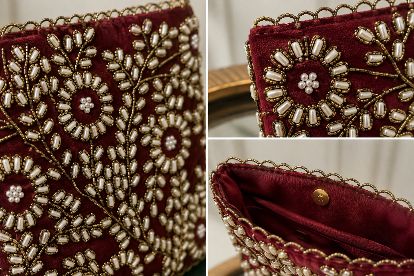 Velvet Deep Pinkesh Red Handcrafted Bag | Ladies Purse | Clutches