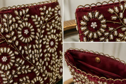 Velvet Deep Pinkesh Red Handcrafted Bag | Ladies Purse | Clutches