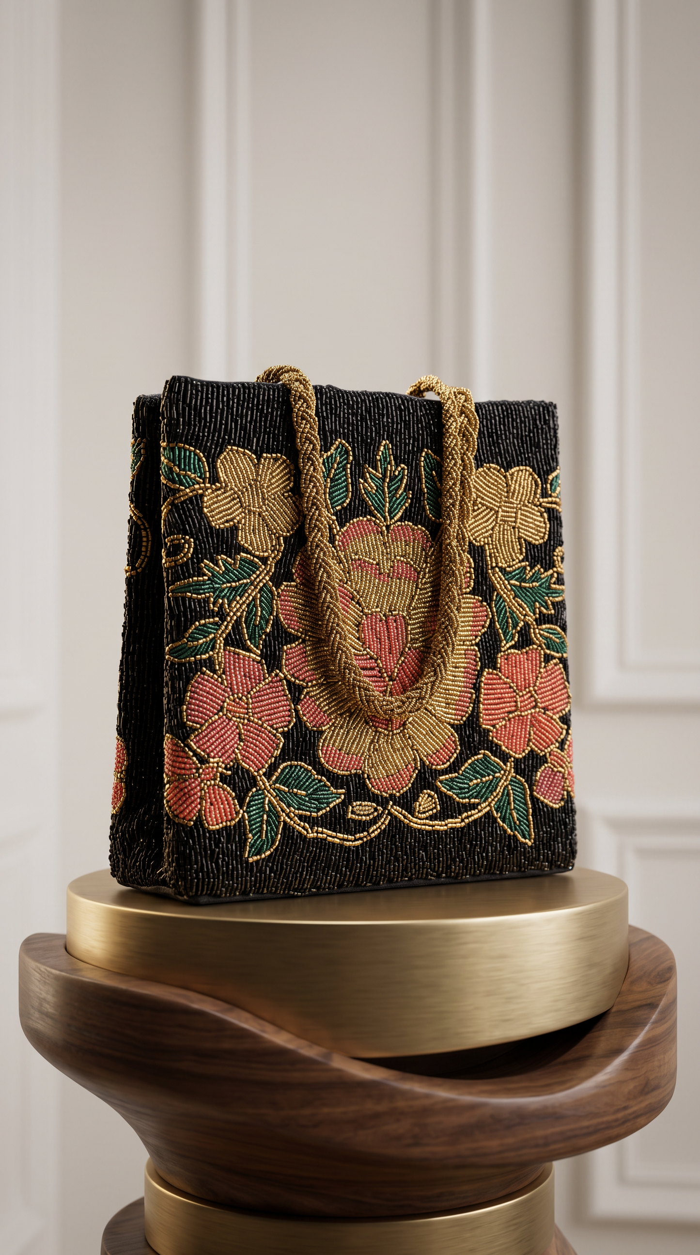 Handcrafted Floral Beaded Tote Bag – Black & Gold