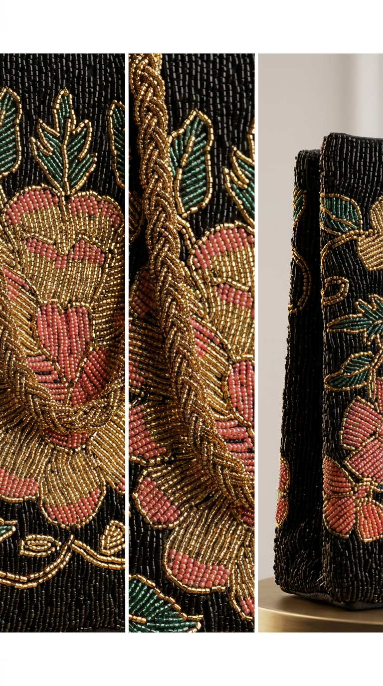 Handcrafted Floral Beaded Tote Bag – Black & Gold