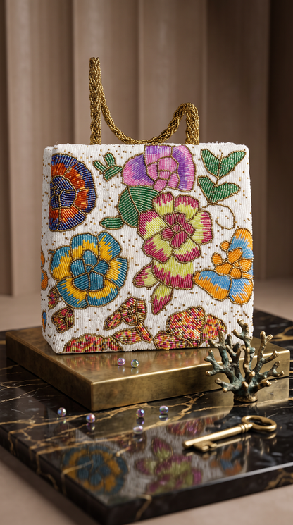 Multicolour Floral Beaded Tote Bag – Handcrafted Luxury
