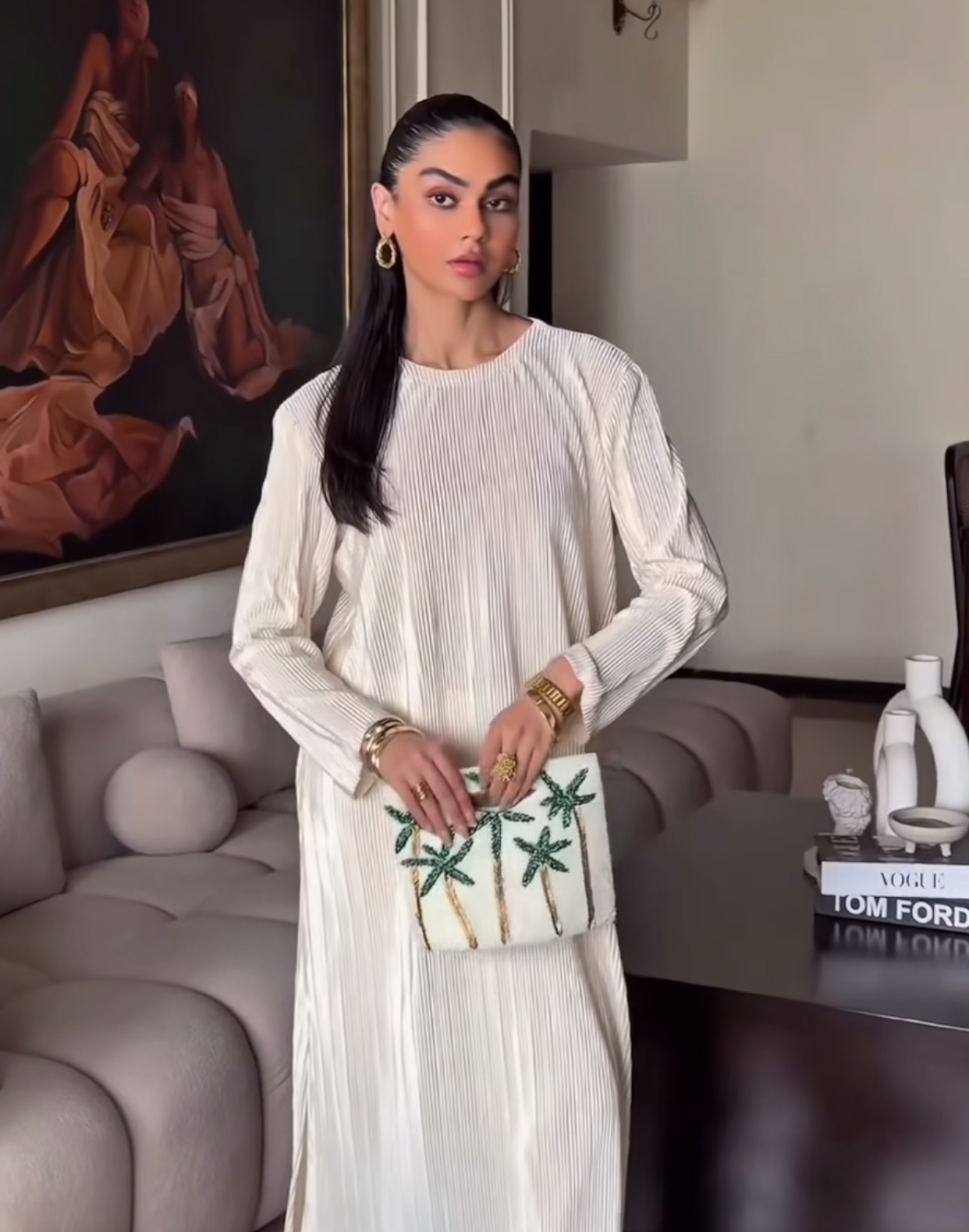 Beige tropical leaf embellished bag