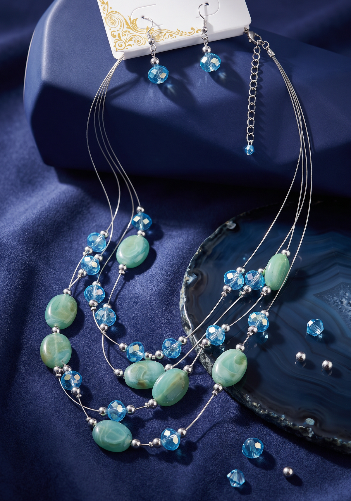 Turquoise & Sky Blue Layered Statement Necklace and Earring Set – 4-Strand Beaded Jewelry with Silver Accents
