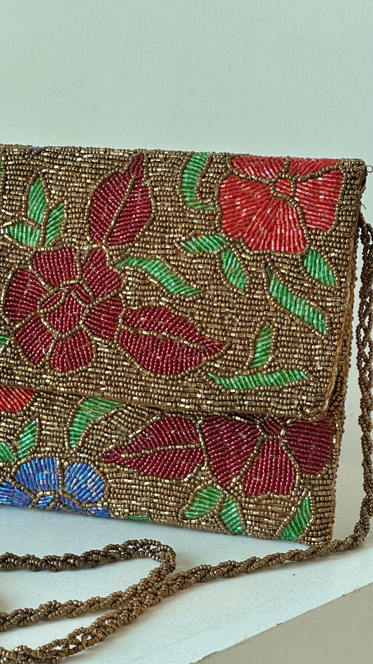 Handcrafted bronze beaded flap clutch purse with red floral motif embroidery and braided strap - Designer Accessories by Amal Ayub