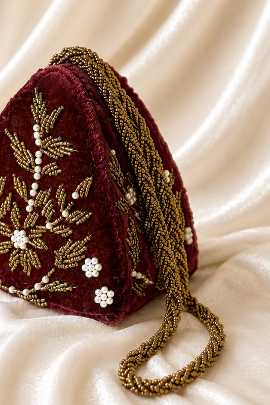 Maroon potli clutch handmade Pakistan