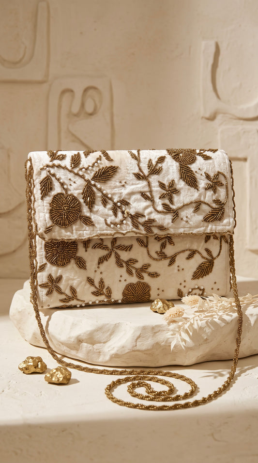 Beaded Antique Gold Floral Beaded Clutch | Weddings and Parties | Amal Ayub