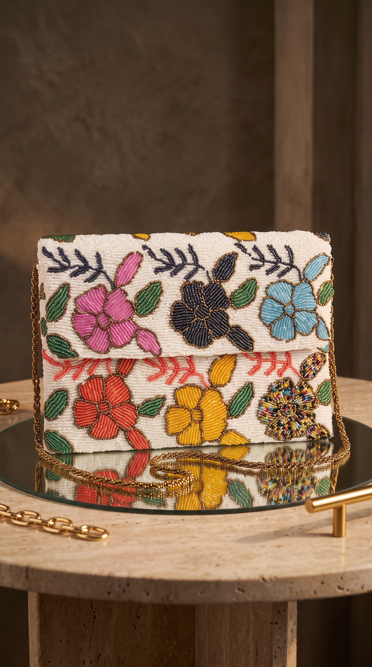White Multi Floral Handmade beaded clutch | Parties and Weddings