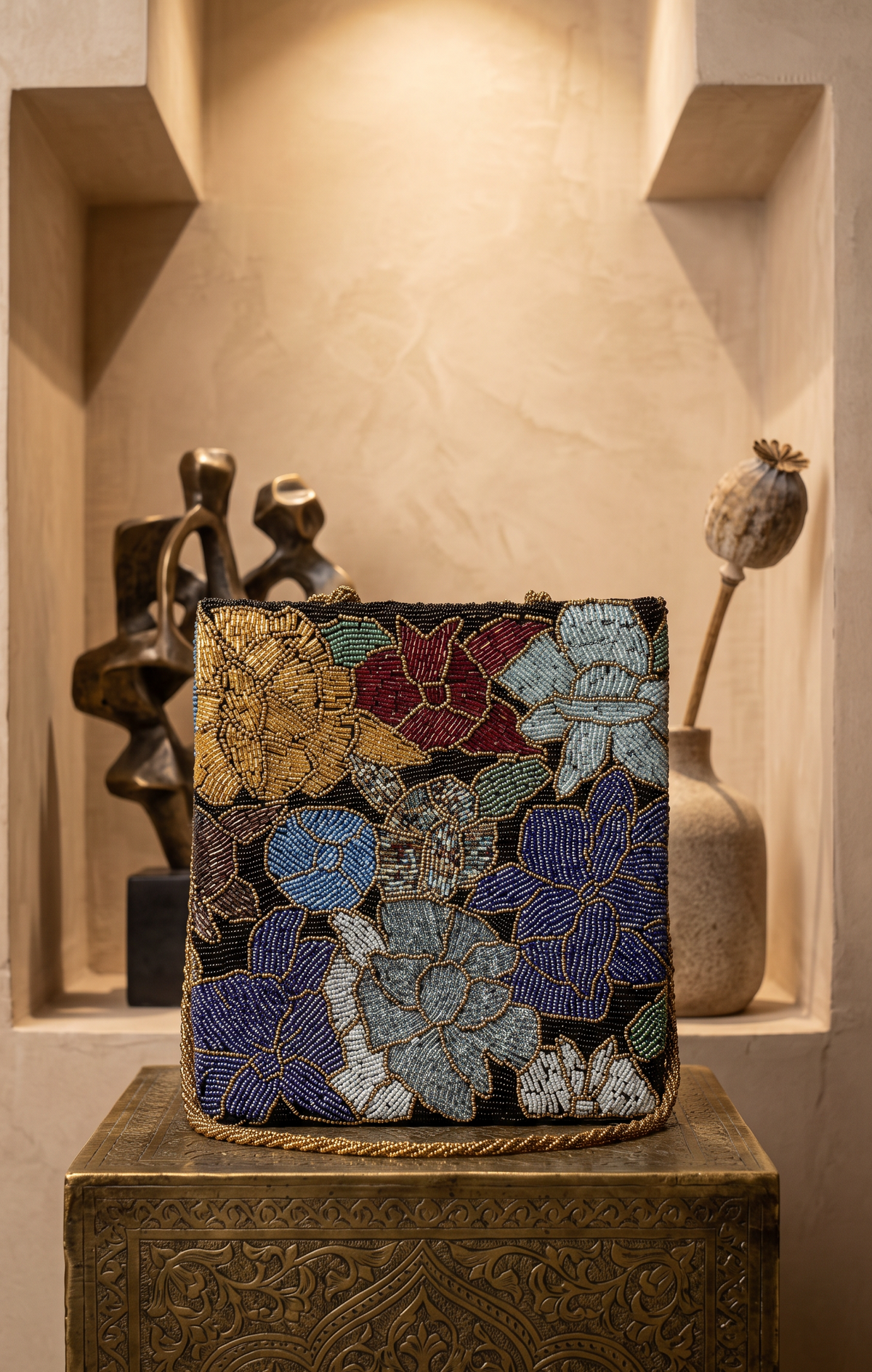Black and Grey beaded Floral handbag