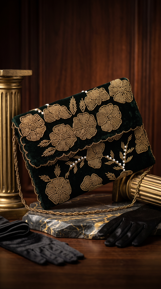 Beaded Dark Bottle Green Clutch | Perfect for weddings and parties