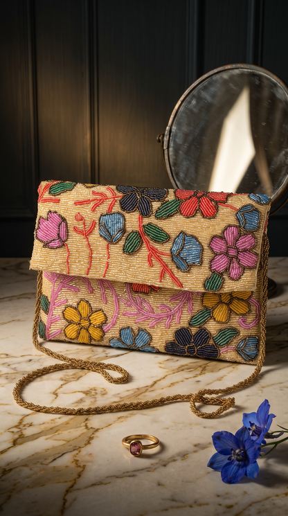 Beaded Golden Multi floral clutch | Weddings and Parties