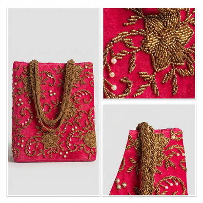 Hot Pinkish/red Velvet Evening Bag with Zardozi Work | Amal Ayub