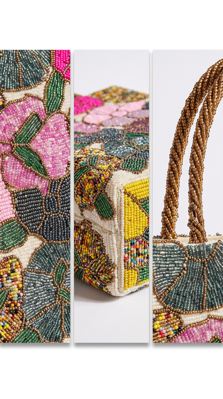 Ivory Beaded Evening Bag with Pink Floral Work | Amal Ayub
