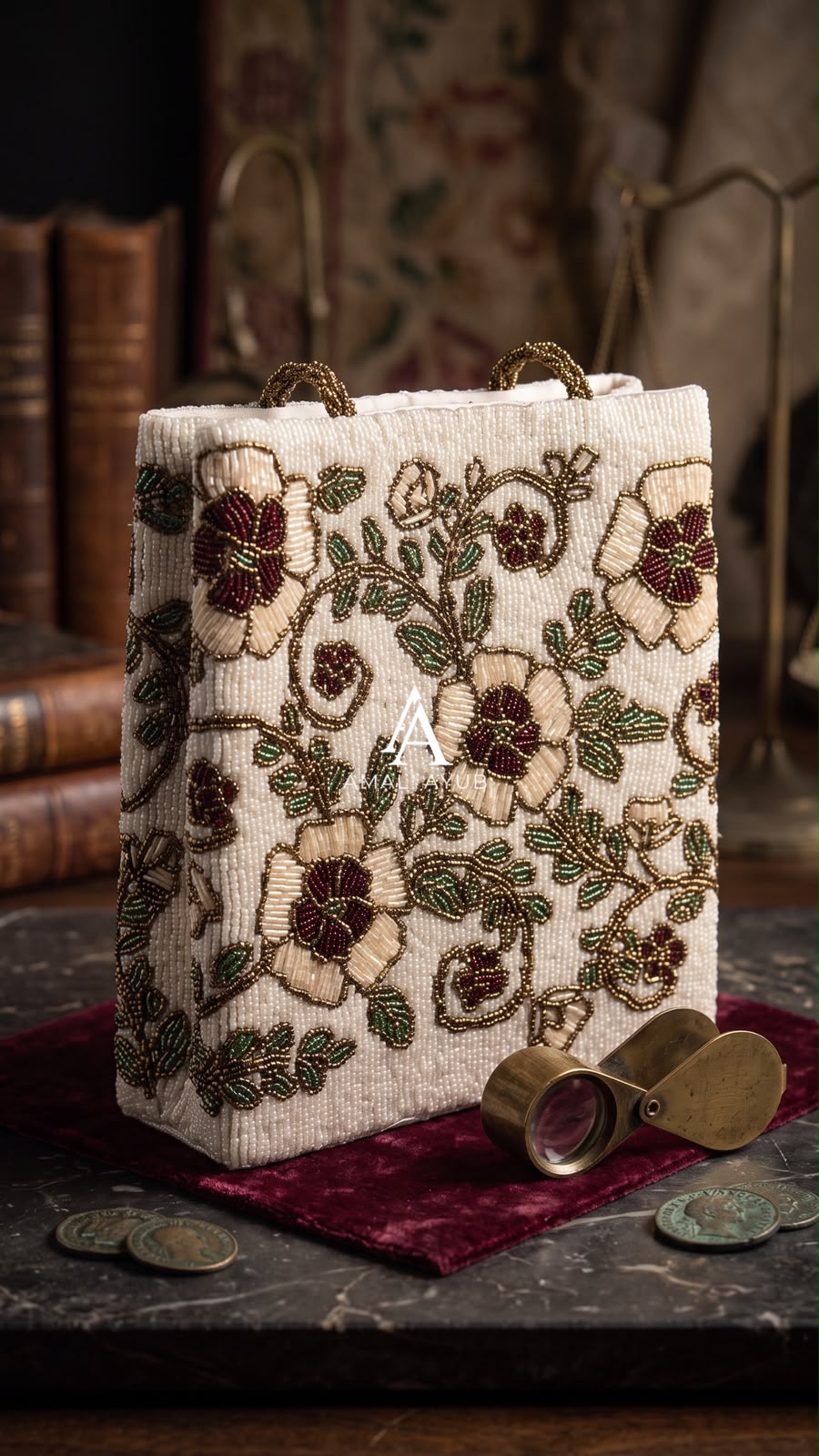 Amal Ayub ivory structured tote bag with handcrafted cream and maroon beaded floral vines and gold handles
