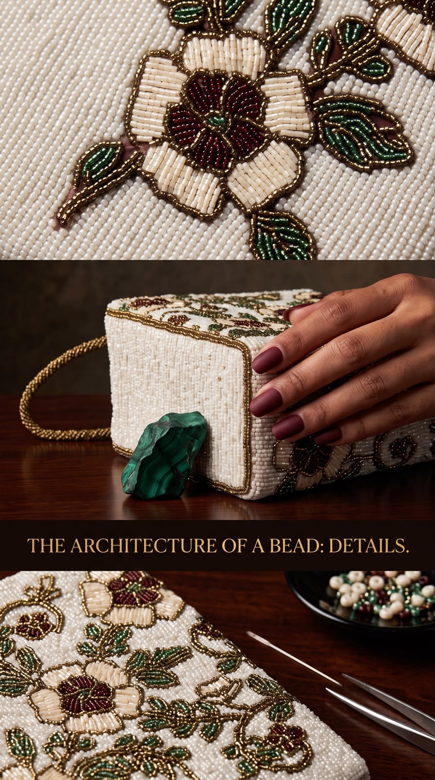 Close-up details of Amal Ayub hand-embroidered glass bead flowers, gold trim lining, and precise craftsmanship