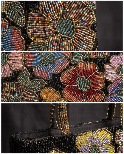 Close-up detail of Amal Ayub hand-embroidered seed bead flowers in red, blue, mustard, and lavender with gold outlining