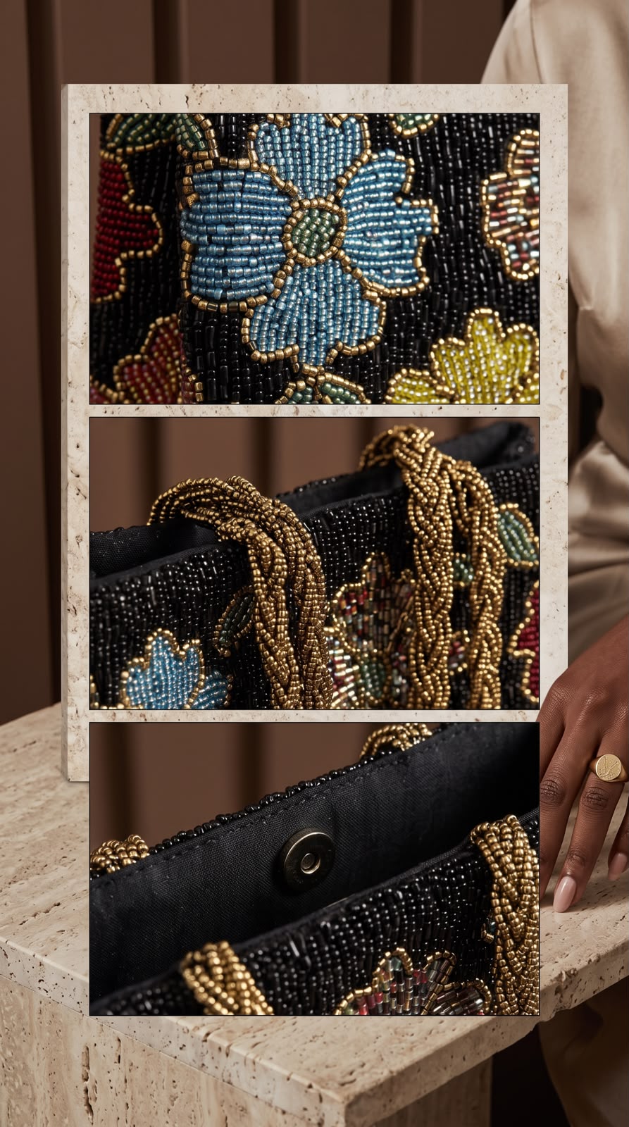 Close-up details of Amal Ayub beaded floral pattern, gold twisted handle attachment, and internal magnetic snap closure on dark fabric lining