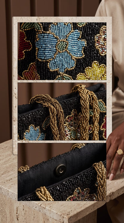 Close-up details of Amal Ayub beaded floral pattern, gold twisted handle attachment, and internal magnetic snap closure on dark fabric lining