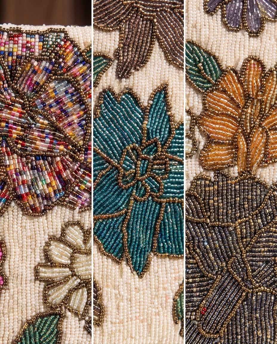 Close-up detail of Amal Ayub hand-embroidered seed bead confetti, teal, and mustard flowers with gold outlining on ivory base