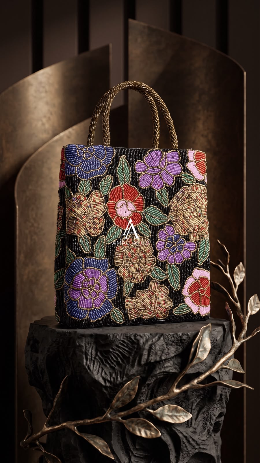 Amal Ayub black hand-embellished tote handbag with blue, purple, and red floral beadwork and braided gold top handles