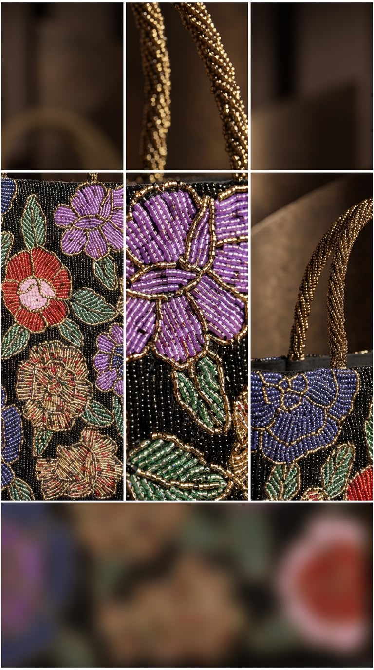 Close-up detail of Amal Ayub hand-embroidered seed bead purple flower, gold vine outline, and braided gold handle