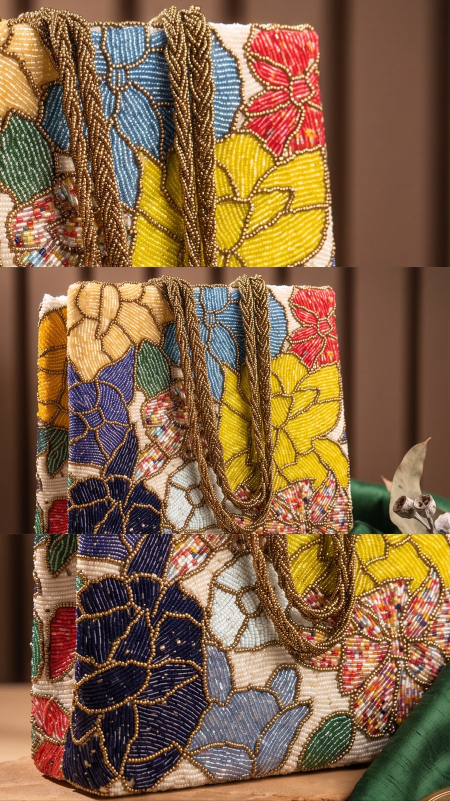 Close-up detail of Amal Ayub hand-embroidered seed bead navy and yellow flowers with gold outlining resembling stained glass