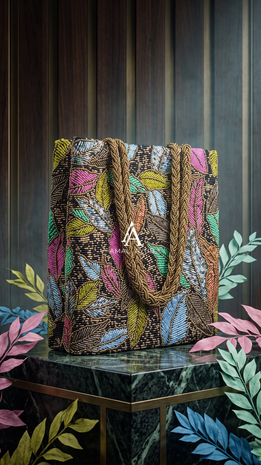 Amal Ayub hand-embellished box handbag with multicolor leaf beadwork and braided gold handle