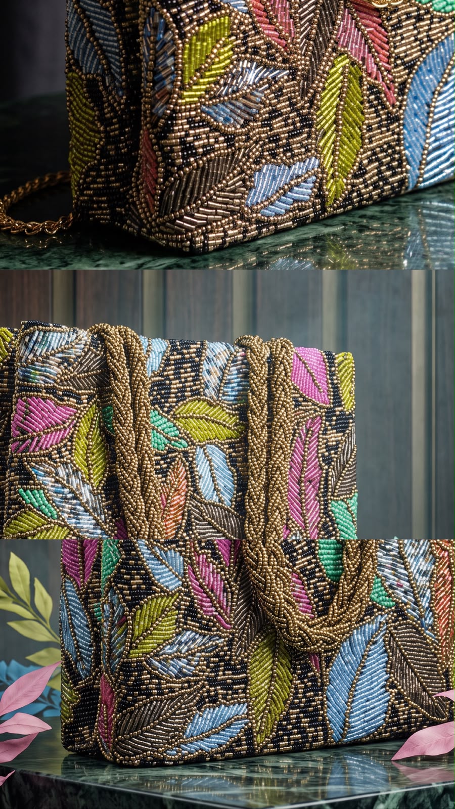 Close-up detail of Amal Ayub hand-embroidered seed bead leaf pattern in pink, blue, green, and gold on a black base