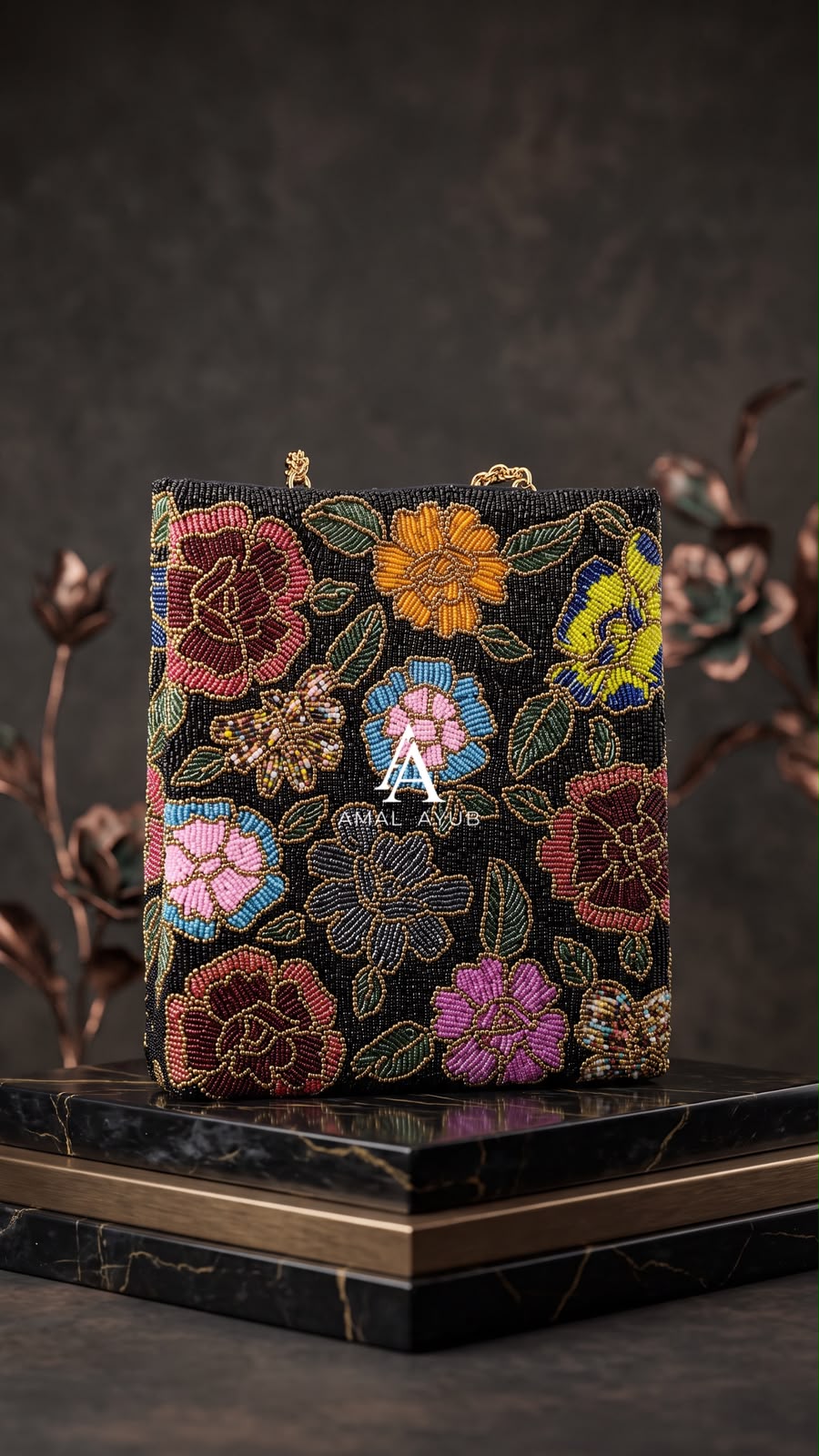 Amal Ayub black hand-beaded bag with burgundy rose and floral beadwork and gold chain strap