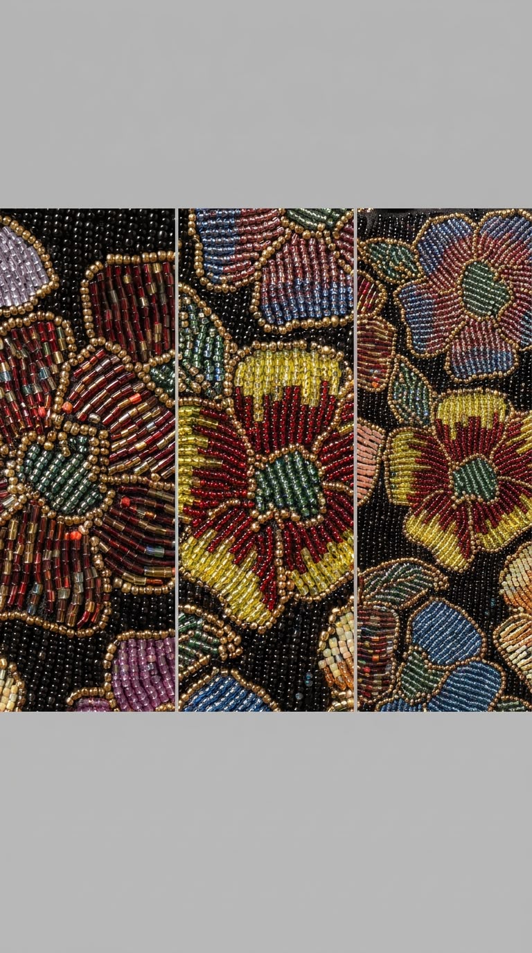 Close-up detail of Amal Ayub hand-embroidered seed bead maroon and mustard flowers with green center and gold outlining