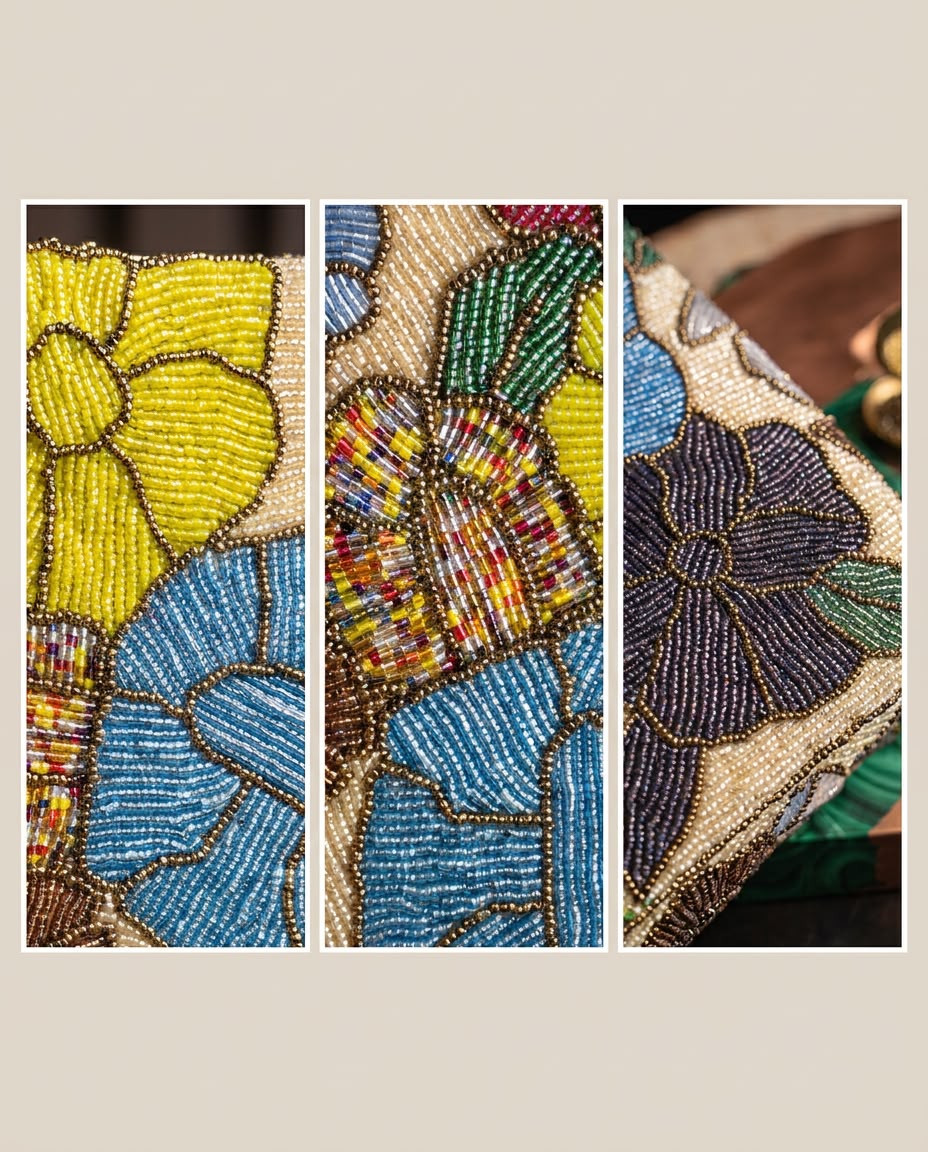 Close-up details of Amal Ayub hand-embroidered glass seed bead flowers, gold bead borders, and multi-colored petal patterns