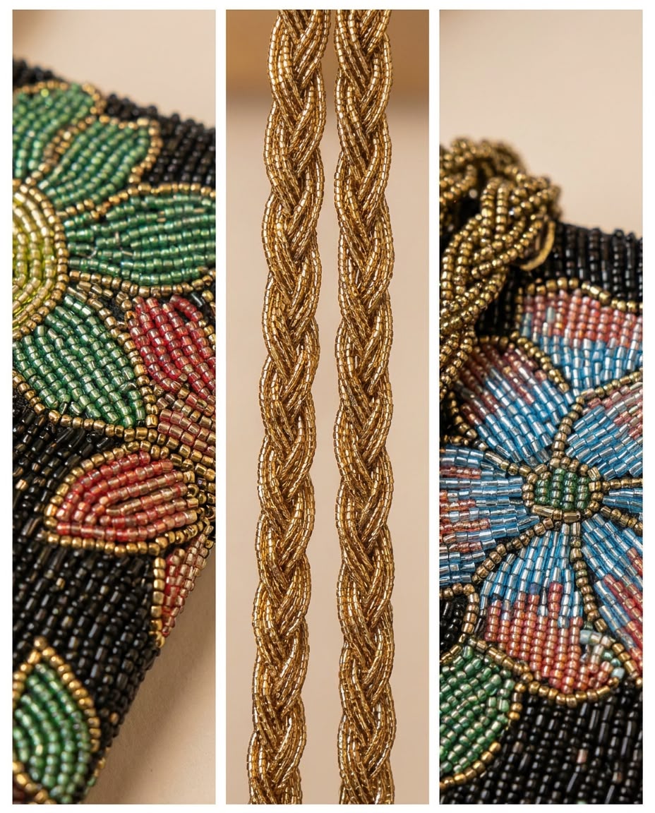 Close-up details of Amal Ayub hand-embroidered glass seed bead floral petals on a luxury handmade bag