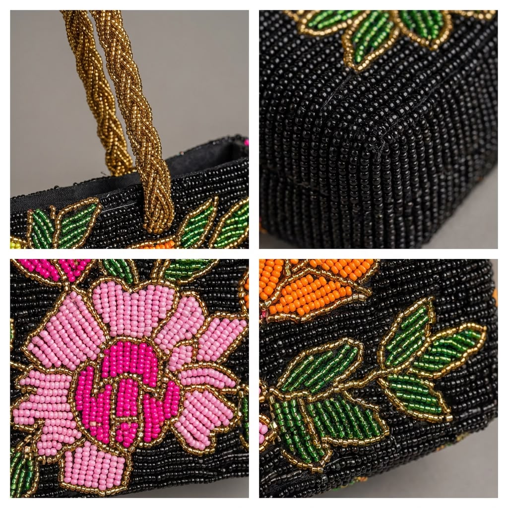 Close-up details of Amal Ayub hand-embroidered glass seed bead pink peony flower, green leaves, and braided gold handle texture