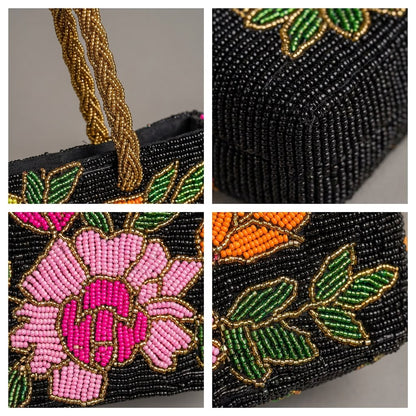 Close-up details of Amal Ayub hand-embroidered glass seed bead pink peony flower, green leaves, and braided gold handle texture