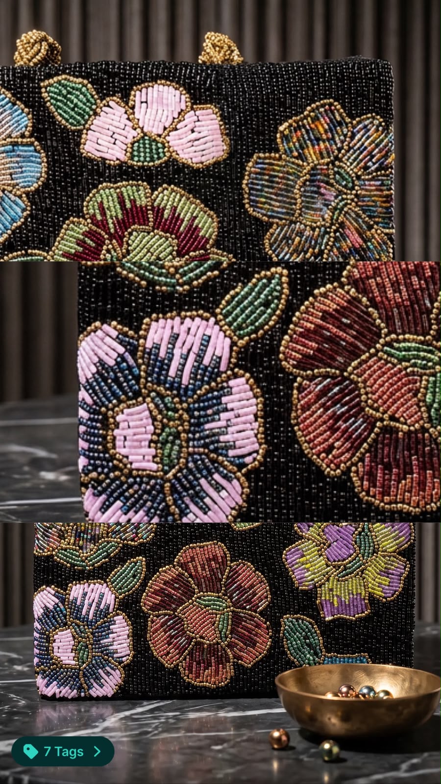 Close-up view of Amal Ayub hand-embroidered glass seed bead flowers in pink, burgundy, and lavender on a black canvas
