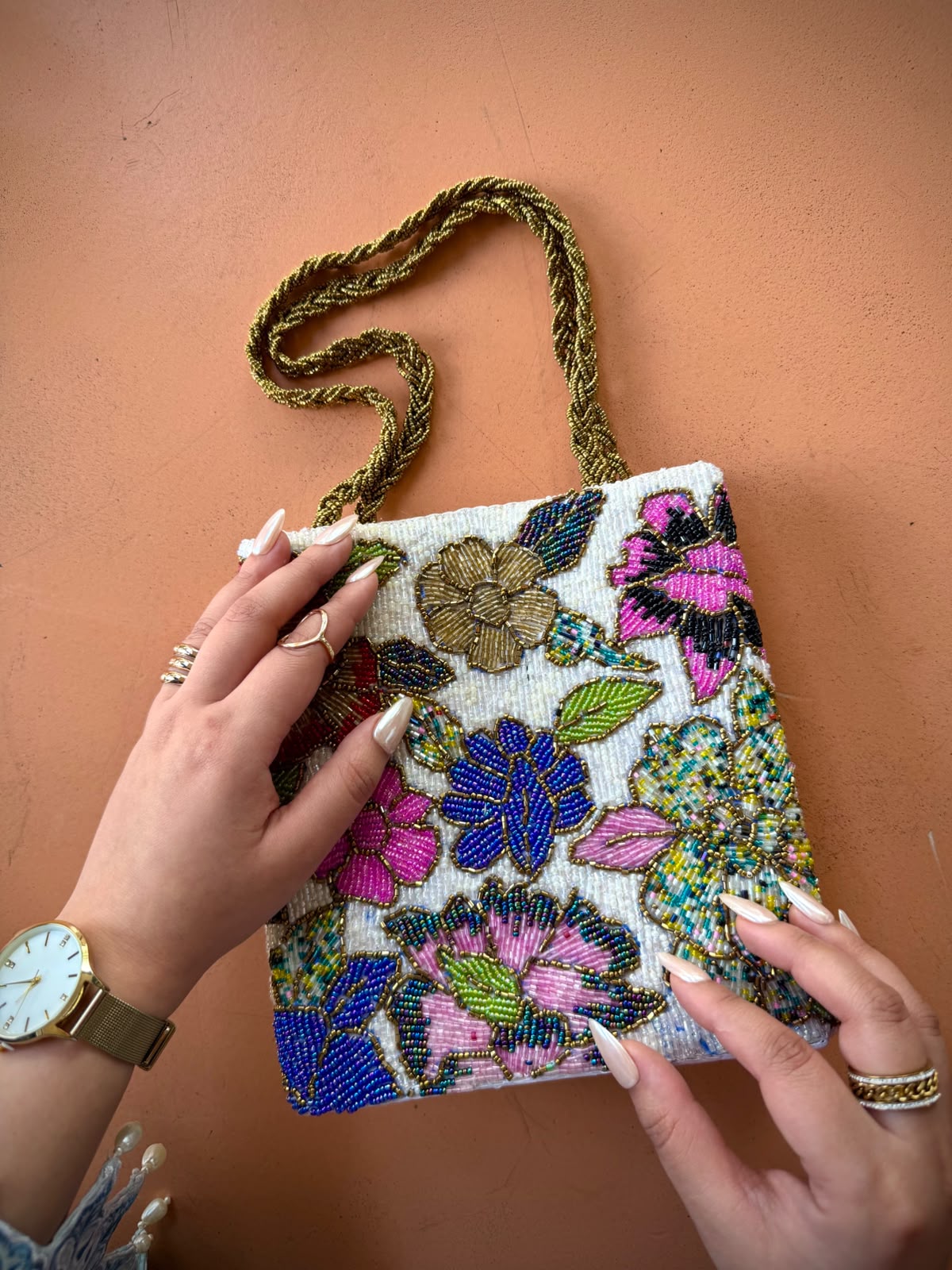 Hand-beaded floral mini handbag with gold braided shoulder straps - Handcrafted Party Purse by Amal Ayub