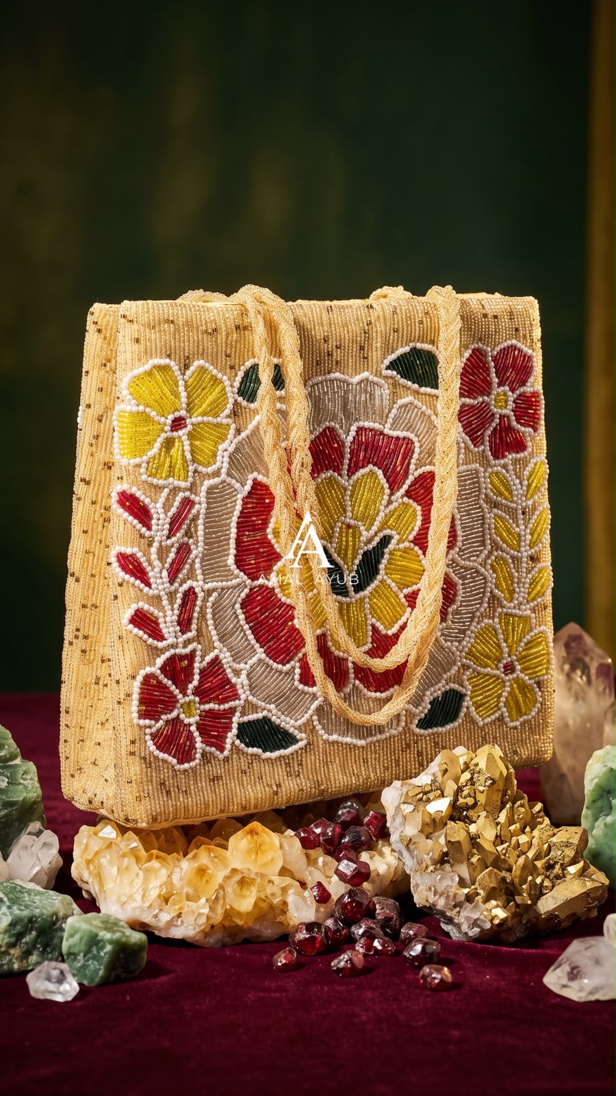 Amal Ayub gold hand-embellished tote handbag with red and yellow floral beadwork and braided gold top handles