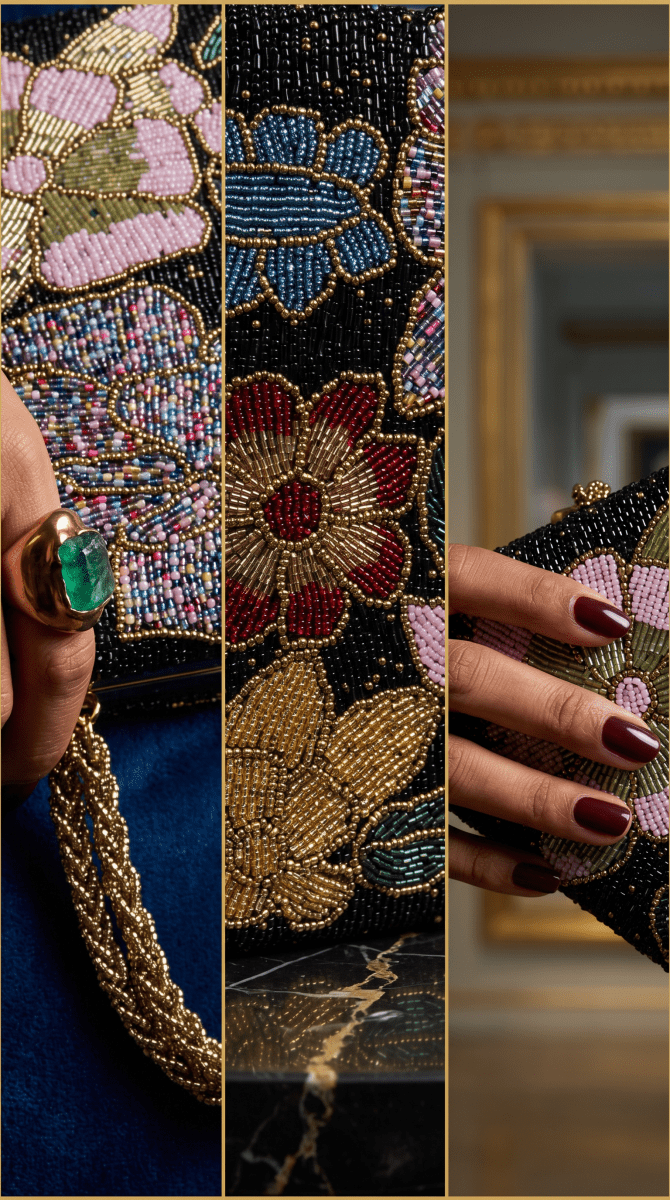 Beaded Black Floral Handbeaded Bag | Weddings | Parties - Amal Ayub