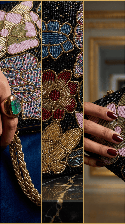 Beaded Black Floral Handbeaded Bag | Weddings | Parties - Amal Ayub
